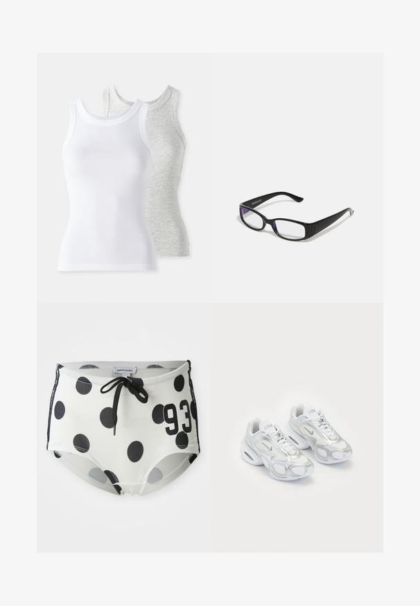 Divi bez piedurknēm t-krekli: viens balts ar ribotu struktūru, un otrs gaiši pelēks ar vieglu heather rakstu. Abi ir ar apaļu kakla izgriezumu.; Melnbalti punktiņi peldbikses ar aukliņu jostasvietā, ar numuru "93" priekšpusē un gludu, elastīgu audumu.; Baltas sporta kurpes ar režģa augšdaļu un sudraba akcentiem, unikāla forma un gaisa amortizācija papēdī. Mežģīņu dizains ar logo.; Melnas taisnstūra brilles ar caurspīdīgiem stikliem. Spīdīga apdare, šauri kāti un violetais tonis, kas ir redzams stiklu malās.