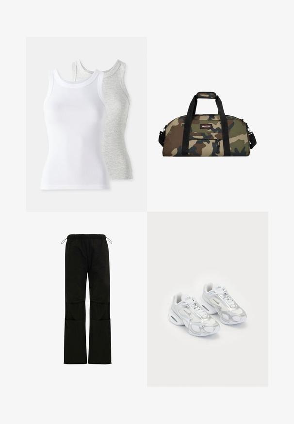 Due magliette senza maniche: una bianca con una texture a costine e una grigia chiara con un leggero motivo melange. Entrambe hanno scollature rotonde.; Pantaloni neri leggeri con vita elastica, regolazioni con cordini, tasche laterali e taglio dritto. Texture liscia.; Scarpe da ginnastica bianche con tomaia in rete e accenti argentati, forma unica e ammortizzazione nell'intersuola. Design con lacci e logo.; Borsa da viaggio in camouflage con tessuto sintetico, maniglie nere, impugnatura superiore e tasca frontale con cerniera; presenta motivi verdi, marroni e beige.