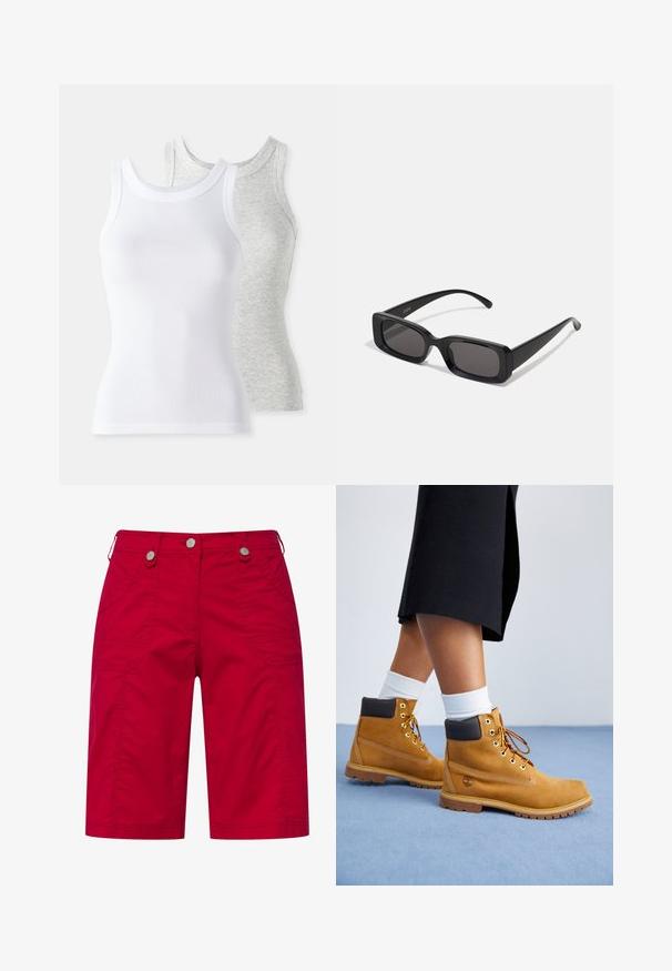 Zwei ärmellose Tanktops: eines in Weiß mit gerippter Textur und eines in Hellgrau mit subtilen Melange-Muster. Beide haben runde Ausschnitte.; Rote Cargo-Shorts aus Baumwolle mit zwei seitlichen Taschen, dekorativer Naht und silbernen Knopfverschlüssen am Bund.; Sandfarbene Wildlederschuhe mit braunen Lederakzenten, goldenen Ösen und einer strukturierten Sohle. Weiße Socken, die über den Stiefeln sichtbar sind.; Schwarze rechteckige Sonnenbrille mit dunklen Gläsern, glänzender Oberfläche, breiten Bügeln und einem klobigen Rahmen-Design. Gravierter Markenname auf einem Bügel.; Rote Stofftasche mit zwei kurzen Griffen und einem Reißverschluss. Auf der Vorderseite ziert ein florales Design mit einem Hibiskus.