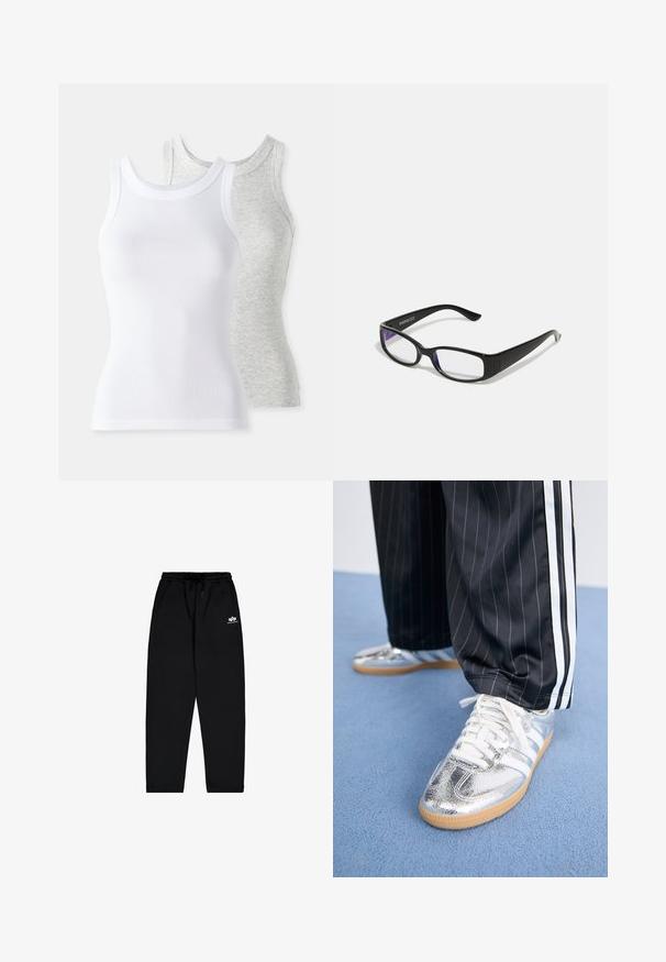 Duas camisetas sem mangas: uma branca, com textura canelada, e uma cinza claro com um padrão mescla discreto. Ambas têm decotes redondos.; Calças de moletão pretas feitas de tecido suave, com uma cintura elástica, cordão e bolsos laterais. Apresentam um pequeno logótipo branco na coxa.; Ténis prateados metálicos com atacadores brancos e três riscas brancas, combinados com calças pretas risca de giz. Sola de borracha destacada na parte inferior.; Óculos retangulares pretos com lentes transparentes. Acabamento brilhante, hastes estreitas e um tom roxo visível nas bordas das lentes.