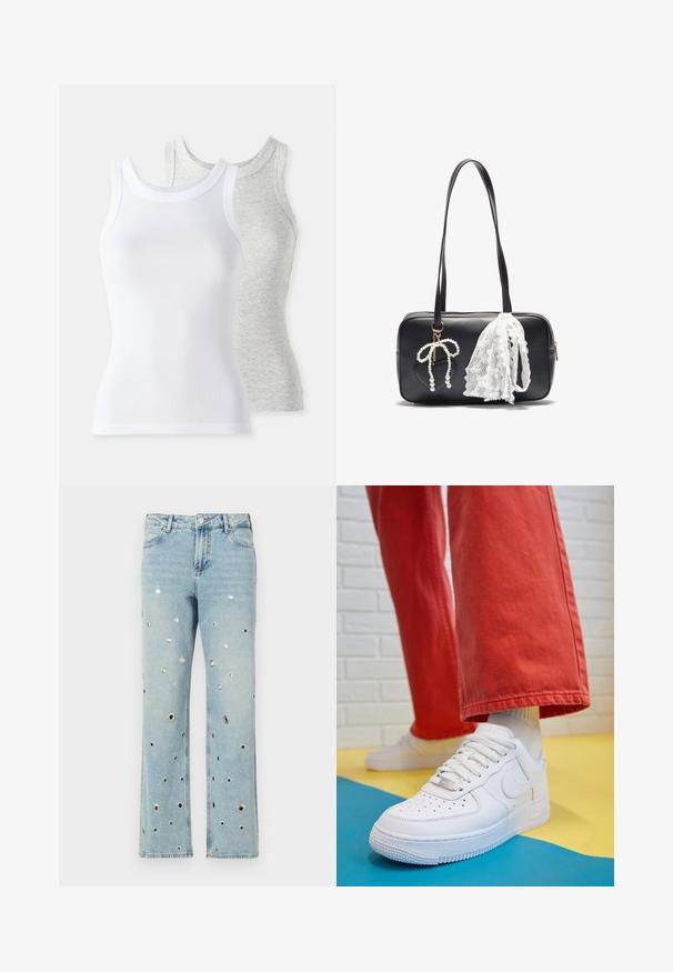 Två ärmlösa linnen: ett vitt med ribbad textur och ett ljusgrått med subtilt melerat mönster. Båda har rund halsringning.; Ljusblå denimjeans med vida ben, med flera runda metallöglor genom hela plagget. Klassisk femficksdesign.; Vita lädersneakers med perforerat tåparti, texturerad sula och vita snören, kombinerat med vida röda byxor och en blå och gul bakgrund.; Even&Odd Handväska - black