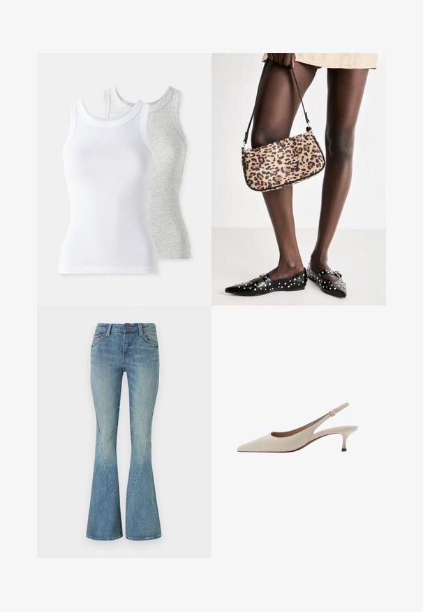 Dvě tílka bez rukávů: jedno bílé, s ribrovou strukturou, a jedno světle šedé se subtilním melírovaným vzorem. Obě mají kulaté výstřihy.; Svetle modré zvonové džíny vyrobené z denimu. Mají přední zapínání na knoflík, pět kapes a jemné zesvětlení pro texturu.; Béžové lodičky na podpatku s špičatou špičkou a nízkým rozšířeným podpatkem. Vyrobené z hladké kůže s minimalistickým designem a nastavitelným páskem.; Kabelka s leopardím vzorem a černým popruhem, má obdélníkový tvar a hladký povrch. Kabelka je držena vedle černých plochých bot s hroty.