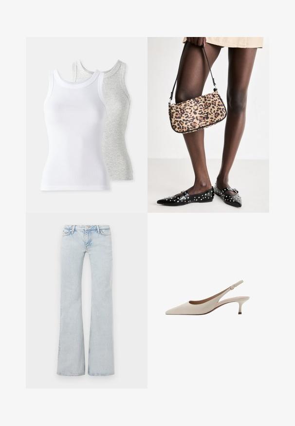Twee mouwloze tanktops: één witte met geribbeld textuur en één lichtgrijze met een subtiel heatherpatroon. Beide hebben een ronde hals.; Lichtblauwe flared jeans gemaakt van denim. Heeft een tailleband met metalen knoop, een vijf-pocket ontwerp en subtiele vervagingen overal.; Beige slingback hakken met een puntige neus en een lage, uitlopende hak. Gemaakt van glad leer met een minimalistisch ontwerp en een verstelbare band.; Tasje in luipaardprint met een zwarte strap, voorzien van een rechthoekige vorm en een gladde textuur. Het tasje wordt vastgehouden naast zwarte studschoenen.