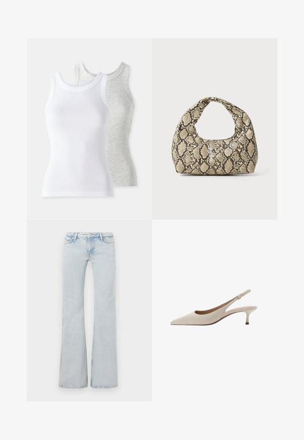 To slettekote bluser: en hvid med ribbet tekstur og en lysegrå med et subtilt melange-mønster. Begge har runde halsudskæringer.; Lyseblå flagrende jeans lavet af denim. Har en talje med metalknap, fem-lomme design og diskret falmning over det hele.; Beige slingback-hæle med spids tå og en lav, flared hæl. Fremstillet af glat læder med et minimalistisk design og justerbar rem.; Slangeprint håndtaske med et buet håndtag. Lavet af strukturerede, beige og brune materialer, med et karakteristisk diamantmønster.