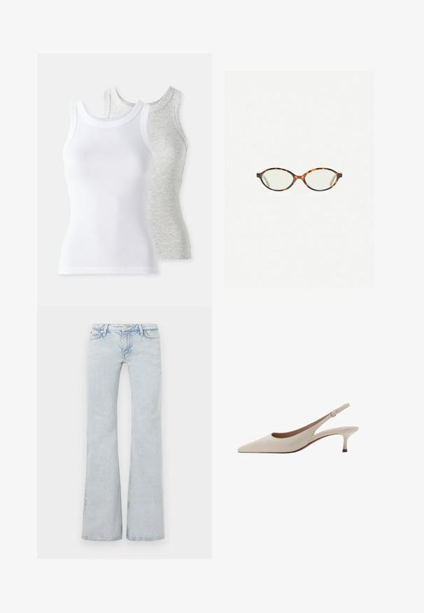 Due magliette senza maniche: una bianca con una texture a costine e una grigia chiara con un leggero motivo melange. Entrambe hanno scollature rotonde.; Jeans svasati di colore blu chiaro realizzati in denim. Caratterizzati da una vita con bottone in metallo, design a cinque tasche e leggera scoloritura in tutto il capo.; Tacchi slingback beige con punta affusolata e tacco basso a campana. Realizzati in pelle liscia con un design minimalista e cinturino regolabile.; Occhiali in tartaruga con lenti ovali e una finitura liscia e elegante. Presentano aste sottili con una leggera curva alle tempie. Lenti trasparenti.