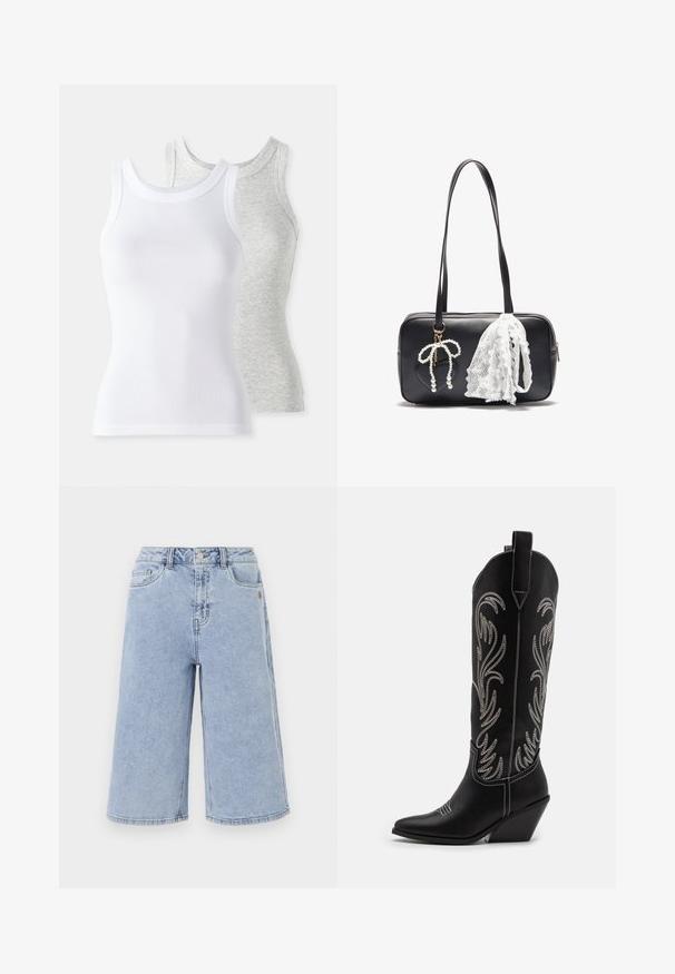 Dwa bezrękawniki: jeden biały, o prążkowanej fakturze, a drugi jasnoszary z delikatnym wzorem heather. Oba mają okrągłe dekolty.; Object OBJISRA niebieski denim; Czarne skórzane kowbojskie buty z wydłużonymi noskami, obcasem typu koturn oraz srebrnymi haftowanymi wzorami kwiatowymi wzdłuż cholewy. Kontrastowe szwy na całej długości.; Even&Odd - Torebka