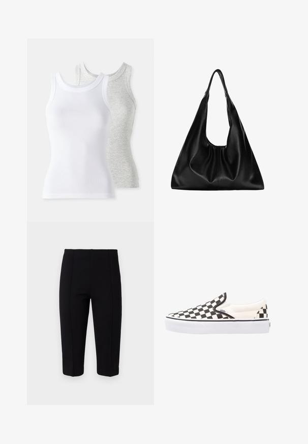 Zwei ärmellose Tanktops: eines in Weiß mit gerippter Textur und eines in Hellgrau mit subtilen Melange-Muster. Beide haben runde Ausschnitte.; Schwarze, taillierte Hosen aus dehnbarem Stoff, mit Nahtdetails an der Vorderseite und einer figurbetonten Schnittführung, die eine glatte Silhouette bietet.; Schwarz-weiße karierte Slip-On Vans-Schuhe mit einem Obermaterial aus Canvas, Gummisohle und gepolstertem Kragen. Flache, runde Zehenpartie mit weißen Sohlenakzenten.; Schwarze Leder-Hobo-Tasche mit einer weichen, geschwungenen Form. Sie verfügt über einen breiten Oberhandgriff und Falten an der Basis für eine lässige Textur.