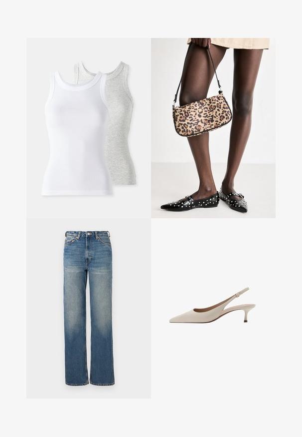 Dos camisetas sin mangas: una blanca de textura acanalada y otra gris claro con un sutil patrón jaspeado. Ambas tienen escote redondo.; Vaqueros de talle alto y pernera ancha en denim azul claro con un ligero desgastado, diseño de cinco bolsillos y acentos de metal.; Tacones slingback beige con punta afilada y un tacón bajo y acampanado. Fabricados en cuero suave con un diseño minimalista y correa ajustable.; Bolso de mano con estampado de leopardo y una correa negra, con forma rectangular y textura suave. El bolso se sostiene junto a unos planos negros con tachuelas.