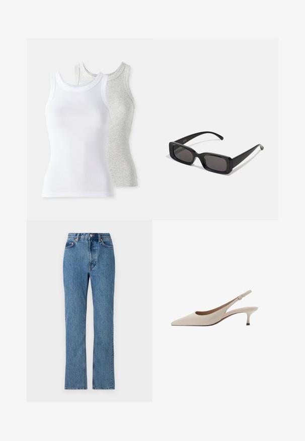 Dos camisetas sin mangas: una blanca de textura acanalada y otra gris claro con un sutil patrón jaspeado. Ambas tienen escote redondo.; Jeans de mezclilla azul claro con cintura alta, piernas rectas y un diseño clásico de cinco bolsillos. Con botones y remaches de metal.; Tacones slingback beige con punta afilada y un tacón bajo y acampanado. Fabricados en cuero suave con un diseño minimalista y correa ajustable.; Gafas de sol rectangulares negras con lentes oscuros, acabado brillante, patillas anchas y un diseño de marco robusto. Nombre de la marca grabado en una de las patillas.