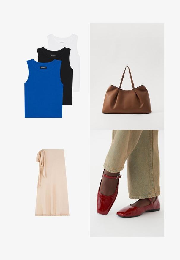 Drie mouwloze shirts in blauw, zwart en wit. De stof is ribbelstof met een ronde hals. Elk shirt heeft een label met de tekst "even&odd."; Beige wikkelrok gemaakt van zachte stof met een gestructureerd oppervlak, met een gestrikt accent aan één kant en een franjerand aan de onderkant.; Rode lakleren schoenen met een vierkante neus, lage hak en enkelbandje, gecombineerd met lichtgroene wijde jeans. Glad textuur, reflecterend oppervlak.; Bruine leren totebag met een zachte, gebogen vorm, voorzien van een geplooide textuur en twee stevige handvatten. Minimalistische stikselaccenten.