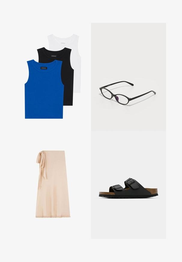 Trois débardeurs sans manches en bleu, noir et blanc. Le tissu est côtelé avec un col rond. Chaque débardeur a une étiquette portant la mention « even&odd ». ; Jupe enveloppante beige en tissu doux avec une surface texturée, présentant un accent noué sur un côté et un ourlet à franges en bas.; Sandale noire à deux brides avec boucles ajustables, semelle en liège et semelle extérieure en caoutchouc texturé. Présente un design plat et ouvert pour un enfilage facile.; Lunettes en plastique noir avec une forme ovale, dotées de verres transparents et d'un accent violet sur le verre gauche. Design élégant et minimal.