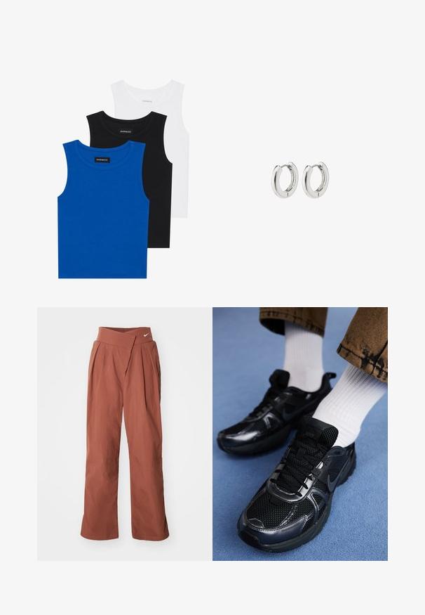 Trii bezrukavne majice u plavoj, crnoj i bijeloj boji. Tkanina je rebrasta s okruglim izrezom. Svaka majica ima oznaku označenu „even&odd.“; Smeđe, široke hlače od laganog materijala. Imaju prekriženi pojas i dugme za zatvaranje.; Crne Nike tenisice od mrežastog i sintetičkog materijala, s teksturiranom gornjom stranom, crnim vezicama i izdržljivim gumenim potplatima. Vidljive bijele rebraste čarape.; Srebrne kružne naušnice s poliranim završetkom, koje imaju kružni dizajn i bešavne šarke, prikazujući glatku teksturu.