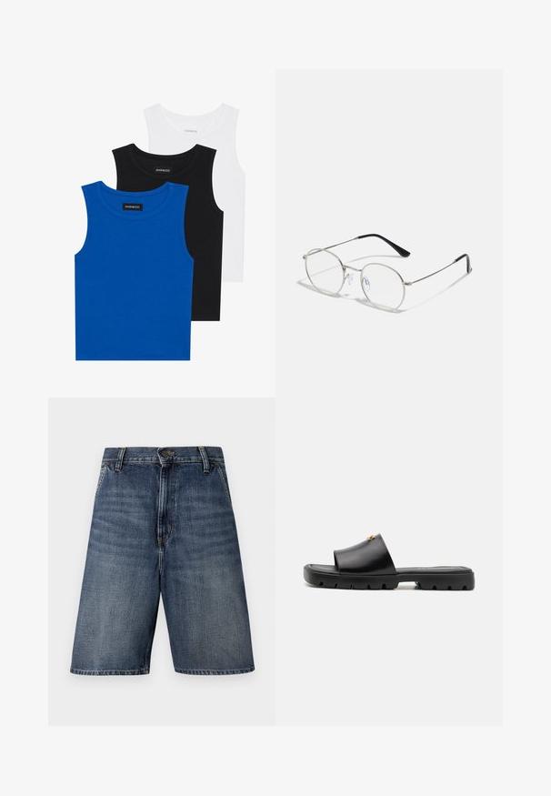 Drie mouwloze shirts in blauw, zwart en wit. De stof is ribbelstof met een ronde hals. Elk shirt heeft een label met de tekst "even&odd."; Donkerblauwe denim shorts met een rechte snit, voorzien van een sluiting met een knop aan de voorkant, riemlussen en zonder zichtbare patronen of versieringen.; Zwarte muiltjes met een gladde, matte leren bovenkant en een dikke, gestructureerde rubberen zool. Opvallende gouden hardware-accent op de bovenkant. Eenvoudig, open ontwerp.; Ronde metalen bril met een slank zilveren montuur, heldere glazen en zwarte tempels met rubberen tips voor comfort. Minimalistisch ontwerp.