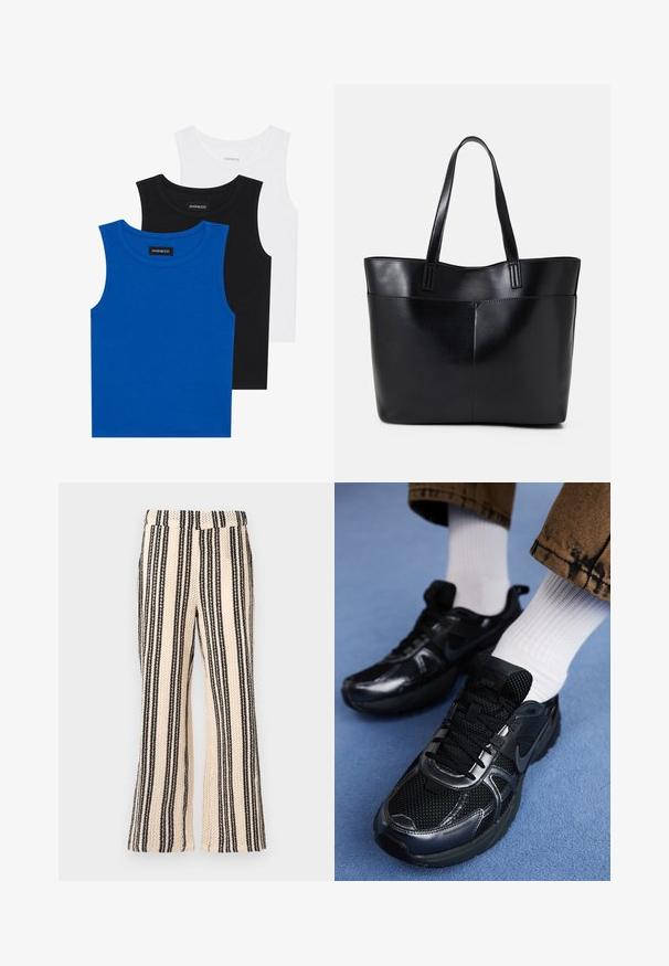 Tres camisetas sin mangas en azul, negro y blanco. La tela es acanalada con un escote redondo. Cada camiseta tiene una etiqueta con la inscripción "even&odd."; Pantalones a rayas en una combinación de colores crema y negro, con un diseño de pierna ancha y un tejido texturizado con un patrón entrelazado.; Zapatos deportivos Nike de color negro con parte superior de malla y acentos brillantes, cordones negros y suela texturizada. Combinados con calcetines blancos de canalé.; Bolso tote de cuero negro con dos asas largas, textura suave y forma estructurada. Cuenta con un bolsillo frontal para almacenamiento adicional.
