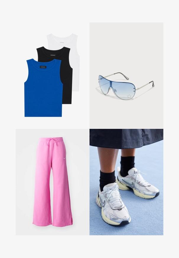 Három ujjatlan póló kék, fekete és fehér színben. Az anyaga bordázott, kerek nyakkivágással. Minden pólón egy "even&odd" feliratú címke található.; Rózsaszín, széles szárú melegítőnadrág puha pamutból, húzózsinórral a deréknál és egy apró fehér logóval elöl.; Fehér és ezüst Nike sportcipők hálós anyagból, fényvisszaverő részletekkel és bézs talppal. Fekete zoknival viselve, egy kék felületen állva.; Pilóta napszemüveg, melynek áttetsző kék lencséje, ezüst fém kerete és díszes csillag díszítések találhatók a lencsén. Simogató és elegáns dizájn.