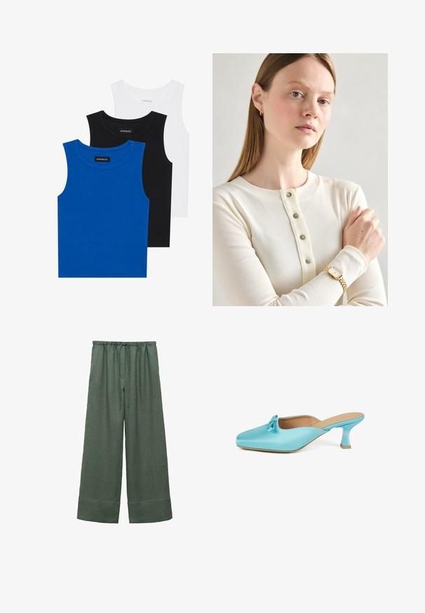 Drie mouwloze shirts in blauw, zwart en wit. De stof is ribbelstof met een ronde hals. Elk shirt heeft een label met de tekst "even&odd."; Groene linnen broek met wijde pijpen en een trekkoord in de taille, voorzien van een soepele textuur en een cropped zoom.; Aqua satin muiltje met een vierkante neus, accentstrikdetail en een korte, chunky hak. Gladde textuur en minimalistisch ontwerp.; Crème geribbelde lange mouw top met een vijfknopen placket. Model draagt een gouden horloge met een vierkant gezicht en een schakelenband.; Gouden kettingarmband met langgerekte schakels, heldere edelsteenaccenten en een kreeftsluiter, met een gladde, gepolijste afwerking.