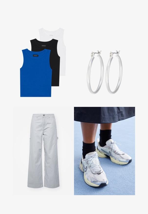 Trīs bezpiedurkņu krekli zilā, melnā un baltā krāsā. Audums ir ribots ar apaļu kakla izgriezumu. Katram kreklam ir birka ar uzrakstu "even&odd."; Pelēkas platā kāju kravas bikses ar pogu aizdari, divām sānu kabatām un vienu kabatu ar vāku. Izgatavotas no izturīga auduma ar gludu tekstūru.; Baltie un sudraba Nike kedas ar tīkla audumu, atstarojošiem akcentiem un bēša zoli. Valkātas ar melnām zeķēm, stāvot uz zilas virsmas.; Sudraba riņķveida auss gredzeni ar gludu, pulētu apdari. Apaļa forma un drošs klikšķa augšējais slēgums. Viegls dizains, kas piemērots ikdienas valkāšanai.