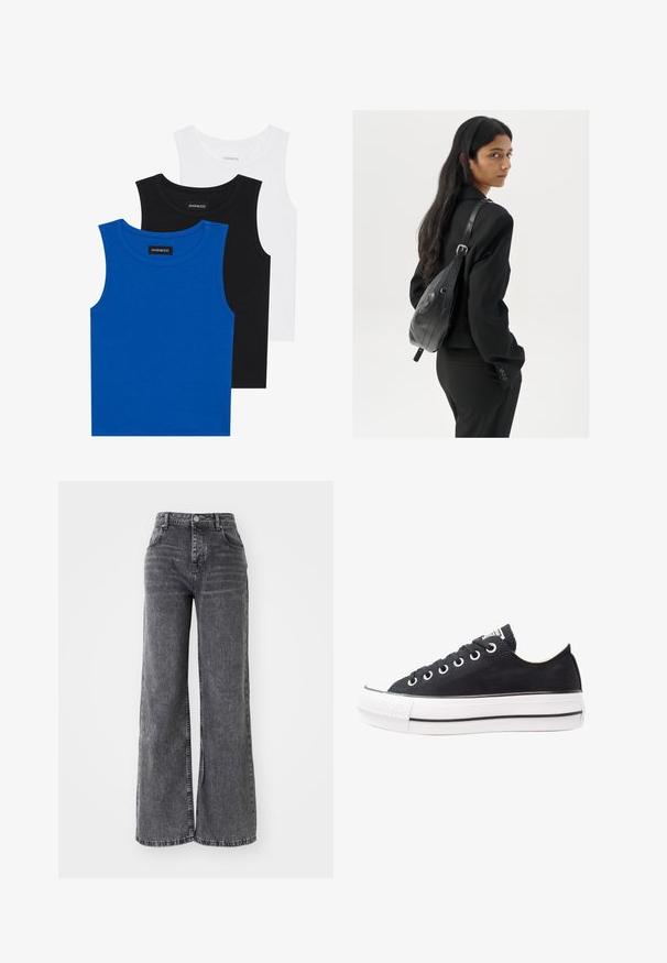 Three sleeveless shirts in blue, black, and white. The fabric is ribbed with a round neckline. Each shirt has a tag labeled “even&odd.”; Wide-leg gray denim pants with a high waist, featuring traditional five-pocket styling and a subtle faded finish.; Black canvas sneaker with white rubber sole, round toe, low-top design, metal eyelets, and a textured toe cap. Thin black stripe along the sole.; Woman with long dark hair wearing a black suit, carrying a black leather shoulder bag, looking over her shoulder against a white background.