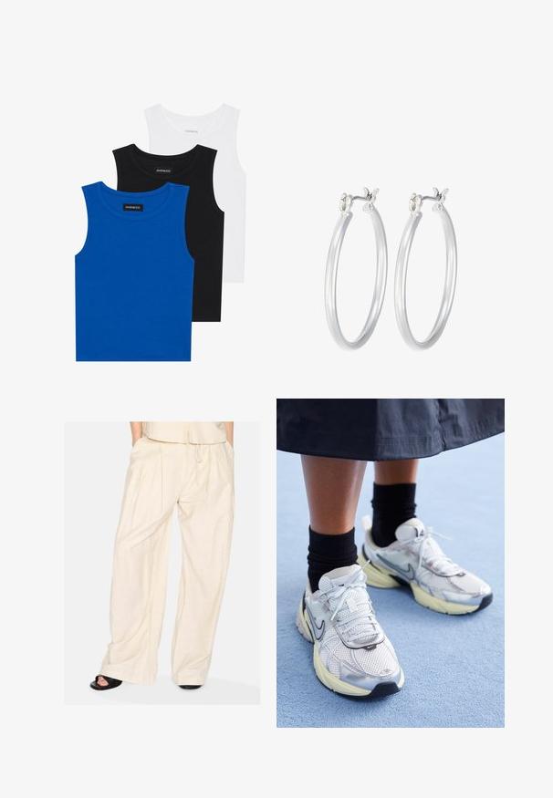 Tre ærmeløse skjorter i blå, sort og hvid. Stoffet er ribbet med en rund halsudskæring. Hver skjorte har et mærke med teksten "even&odd."; Vide benbukser i et lyst beige stof med en blød tekstur, der har folder og en justerbar snøre i taljen. Minimalistisk design.; Hvide og sølv Nike sneakers med mesh-stof, reflekterende detaljer og en beige sål. Bæres med sorte sokker og står på en blå overflade.; Sølv hoop øreringe med en glat, poleret overflade. Rund form og sikker klik-lukning. Letvægtsdesign, der er velegnet til hverdagsbrug.