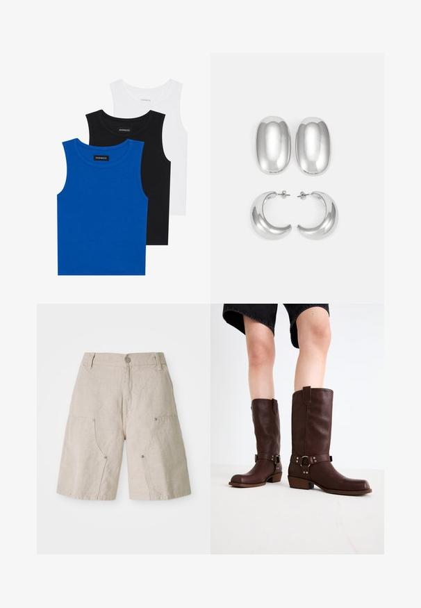 Tre ermeløse skjorter i blått, svart og hvitt. Stoffet er ribbet med rund halslinning. Hver skjorte har et merke merket "even&odd."; Beige linshorts med en avslappet passform, med to frontlommer og sirkulære metalldetaljer. Casual design med en teksturert overflate.; Brune lærknesko med rund tå, teksturert overflate, ankelrem og detaljer i sølv; stablet hæl.; Sølvfargede øredobber sett: to ovale stifter og to halvmåneformede hoops, med en glansfull, glatt overflate og en rund design.