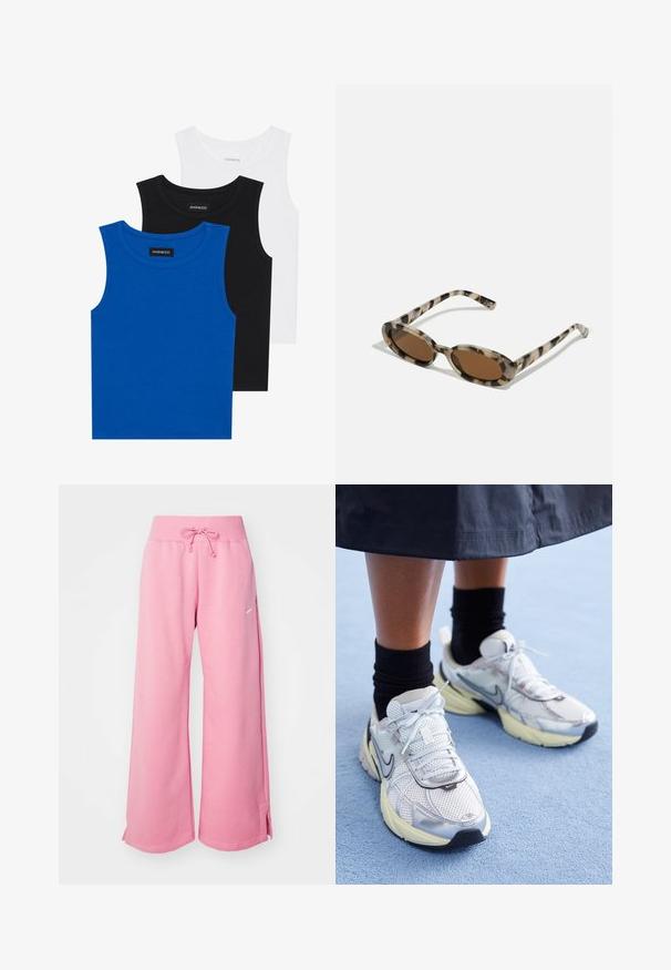 Tri majice bez rukavov v modri, črni in beli barvi. Tkanina je rebrasta z okroglo ovratnikom. Vsaka majica ima oznako "even&odd."; Roza trenirke z ohlapnim krojem, mehkega bombažnega materiala, nastavljivim pasom na vrvico in stranskimi razporki na robu. Opažena značilna logotipna podrobnost.; Bele in srebrne Nike teniske z mrežasto tkanino, refleksnimi poudarki in bež podplatom. Nosi se z črnimi nogavicami, stoji na modri površini.; Okulari iz želve s ovalnim lečami, rjavim odtenkom in tankimi vzorčenimi stranmi. Lahka plastična podlaga z diskretnimi zlatimi akcenti.