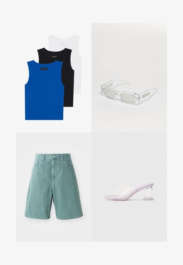 Trois débardeurs sans manches en bleu, noir et blanc. Le tissu est côtelé avec un col rond. Chaque débardeur a une étiquette portant la mention « even&odd ». ; Shorts en denim coton vert avec une taille haute, dotés de cinq poches et d'une fermeture à bouton, conçus avec une coupe décontractée et une texture lisse.; Mules lilas à talons avec une tige en plastique transparent et un talon bloc transparent. Texture lisse, design à bout ouvert, forme minimaliste.; Lunettes de soleil en plastique transparent avec verres gris, de forme rectangulaire, logo "Versace" en relief sur les branches, présentant un design moderne.