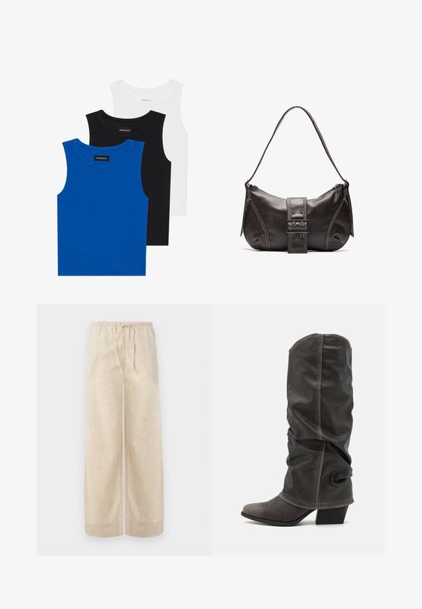 Trois débardeurs sans manches en bleu, noir et blanc. Le tissu est côtelé avec un col rond. Chaque débardeur a une étiquette portant la mention « even&odd ». ; Pantalons amples en lin beige avec une taille élastique et un cordon de serrage. Le tissu a une finition texturée, offrant un aspect léger et aéré.; Bottines en cuir gris hauteur mollet avec un design décontracté, bout pointu et talon empilé. Détails de couture remarquables sur la zone des orteils.; Sac à épaule en cuir marron avec une forme courbée, présentant un détail de boucle proéminent, des coutures contrastantes et une seule bandoulière.
