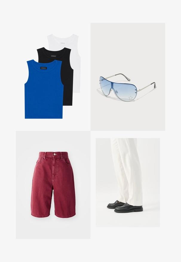 Tři bezramínkové trička v modré, černé a bílé barvě. Materiál je ribovaný s kulatým výstřihem. Každé tričko má štítek s nápisem „even&odd.“; Burgundské džíny šortky s vysokým pasem. Mezi vlastnosti patří dvě přední kapsy, zapínání na jeden knoflík a rovný střih nohavic.; Černé kožené mokasíny s hladkým povrchem, švovými detaily a zaoblenou špičkou, kombinované s bílými saka kalhotami.; Pilotské sluneční brýle s modrými gradientními skly, stříbrným kovovým rámem a dekorativními hvězdnými akcenty na sklech. Hladký a elegantní design.
