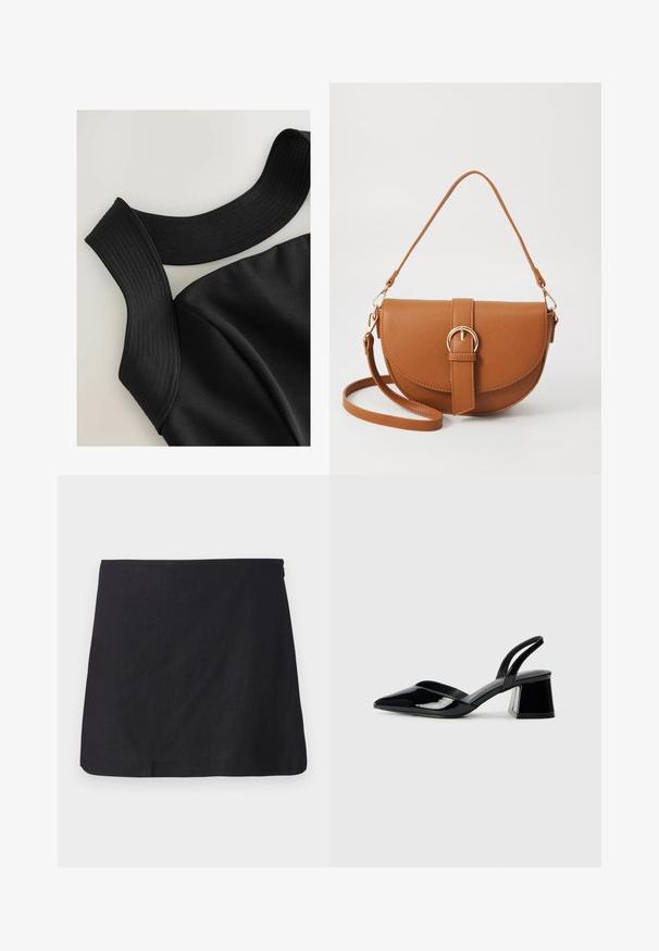 Juodas be rankovių viršus su plačiomis lygiomis juostelėmis ir glotnia audinio tekstūra, turintis kontūruotų siūlių, kad būtų pritaikytas dizainas.; Juoda lininė mini sijonas su tiesiu kirpimu, švaria apvardo linija ir subtilia tekstūra. Yra šoninis užtrauktukas.; Juodos lakuotos odinės šlepetės su smailiu pirštu ir geometriniu bloko kulnu. Turi elegantišką, minimalistinį dizainą ir lygų paviršių.; Ruda odinė kryžminė rankinė, turinti kreivą formą, auksinius metalinius elementus ir sagtį. Yra nuimama petneša.