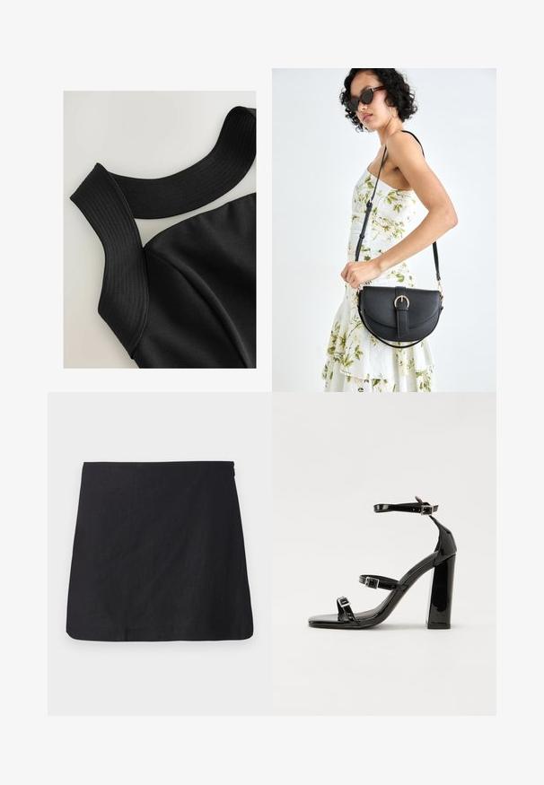 Zwarte mouwloze top met brede ribgebreide banden en een gladde stoftextuur, met afgewerkte naden voor een aansluitend ontwerp.; Zwarte linnen minirok met een rechte snit, een nette zoom en subtiele textuur. Voorzien van een zijrits voor sluiting.; Zwarte gepatenteerde sandalen met hak en een vierkante neus, enkelbandjes en zilveren gespen. Heeft een stevige blokhak voor stabiliteit.; Zwarte leren handtas met een gebogen vorm, afneembare schouderband en gouden hardware. De tas heeft een klep met een gespsluiting.