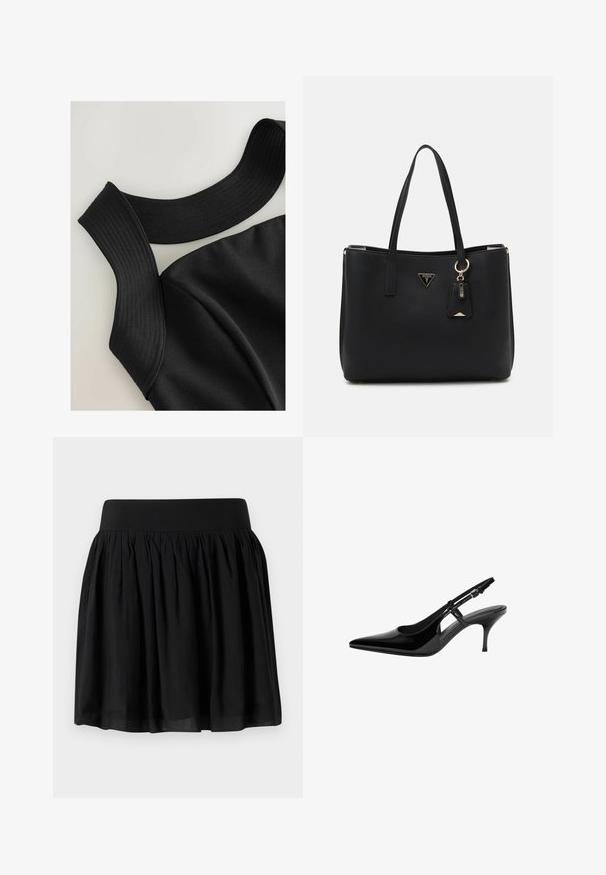 Top nero senza maniche con spalline larghe a coste e una texture del tessuto liscia, caratterizzato da cuciture contour per un design aderente.; Gonna nera in tessuto con una cintura larga, design arricciato e forma svasata. La trama appare liscia con un finish leggero.; Pumps slingback in vernice nera con punta affusolata, ritagli laterali aperti, tacco sottile e cinturino alla caviglia regolabile.; Borsa tote nera realizzata in materiale sintetico testurizzato, dotata di due manici, una placca con logo dorato e un piccolo cartellino con un dettaglio di accentuazione.