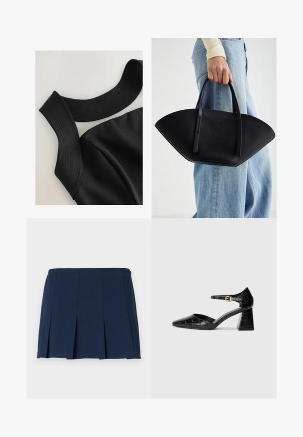 Melna bez piedurknēm augšdaļa ar platām ribotām sāpēm un gludu auduma tekstūru, ar kontūrām šuvēm, lai nodrošinātu pieguļošu dizainu.; Navy zila plīsēta mini svārku ar taisnu jostasvietu, izgatavota no gluda auduma. Satur vertikālas šuves gar plīsumiem.; Melnas patentētas ādas augstpapēžu kurpes ar norādītu pirkstu, potītes siksnu un teksturētu krokodila rakstu. Kvadrātveida bloka papēža dizains.; Melnas ādas rokassoma ar unikālu ventilatora formu, aprīkota ar plakaniem rokturiem. Virsma ir ar graudainu faktūru un minimālistisku dizainu.