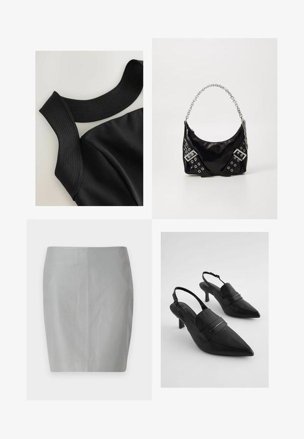 Zwarte mouwloze top met brede ribgebreide banden en een gladde stoftextuur, met afgewerkte naden voor een aansluitend ontwerp.; Grijs leren potloodrok met een gladde textuur, met een eenvoudig ontwerp en een centrale naad die verticaal langs de achterkant loopt.; Zwarte leren slingback hakken met spitse neuzen, voorzien van een brede frontband en zilverkleurige hardware-accenten. Gestructureerde afwerking, gemiddelde hak.; Zwarte lakleren handtas met glanzende zilveren kettinghandgreep, voorzien van decoratieve banden en metalen ogen. Strakke, gebogen vorm.