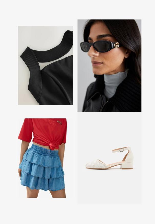 Sort ærmeløs top med brede ribbet stropper og en glat stofstruktur, prydet med konturerede syninger for en tætsiddende pasform.; Lyseblå denimnederdel med tre lag af flæser, der har en elastisk talje og en glat tekstur. Sammen med en rød T-shirt med korte ærmer.; Hvide blonde ankelsko med lav, kraftig hæl og spids tå-design. Glat indvendig foring, tekstureret blondeoverdel og spænde-detalje.; Sorte solbriller med en strømlinet rektangulær ramme og en guld logoaccent på siden. Mørke linser og blank overflade er fremtrædende.