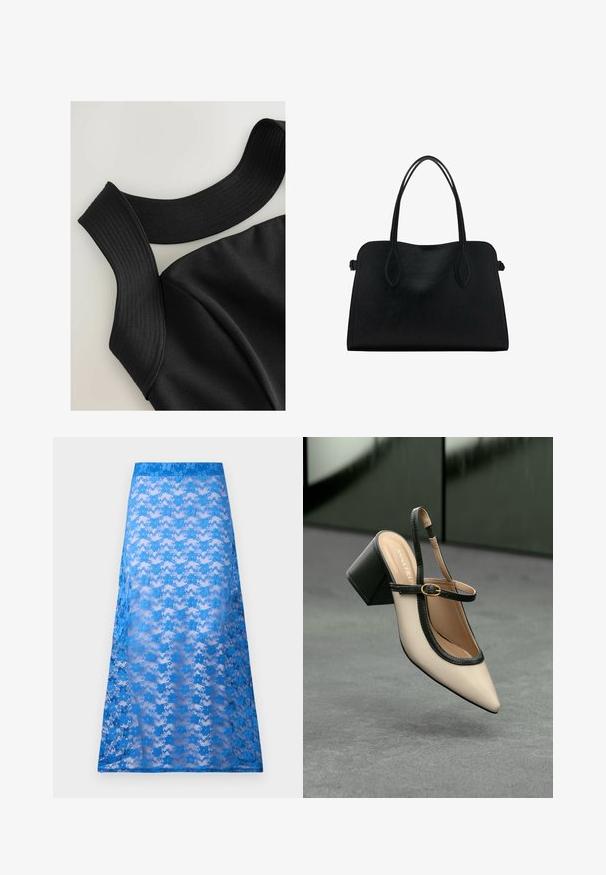 Mustaton hihaton paita, jossa on leveät ribbikaistaleet ja sileä kangas, jossa on muotoillut saumat kiinteän istuvuuden saavuttamiseksi.; Sininen pitsimäinen maksihame, jossa on läpikuultava rakenne, kukkakuviolla ja kiinteällä sinisellä vyötäröllä. Valuu pehmeästi lantioilta helmaan.; Beige slingback-kengät, joissa on musta reuna, kultahakas, ja paksu lohkoheel, harmaalla lattialla tummanvihreää taustaa vasten.; Mustavihreä nahkalaukku, jossa on kaksinkertaiset olkahihnat, suorakaiteen muotoinen ja minimalistinen muotoilu valkoisella taustalla.