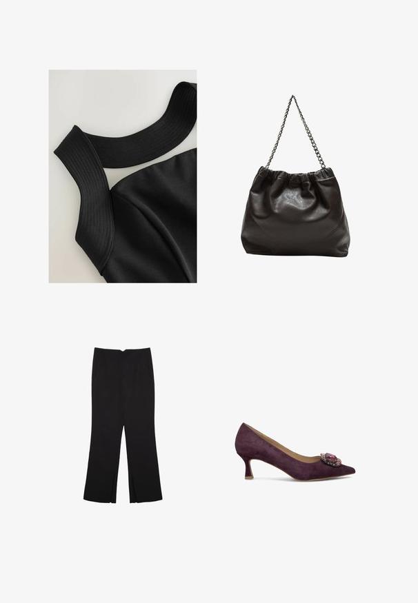 Czarny bezrękawnik z szerokimi żeberkowymi ramiączkami i gładką teksturą materiału, z konturowymi szwami dla dopasowanego kroju.; Czarne spodnie o prostym kroju, z przednimi kieszeniami i bocznymi rozcięciami na dole. Wykonane z miękkiego, gładkiego materiału. Odpowiednie na różne okazje.; Fioletowa zamszowa szpilka z wąskim noskiem i ozdobnym kryształowym akcentem na cholewce. Posiada niski, rozszerzający się obcas zapewniający stabilność.; Brązowa skórzana torba z marszczonym szczytem i łańcuszkowym paskiem. Gładka tekstura z błyszczącym wykończeniem i subtelnymi detalami szwów po bokach.