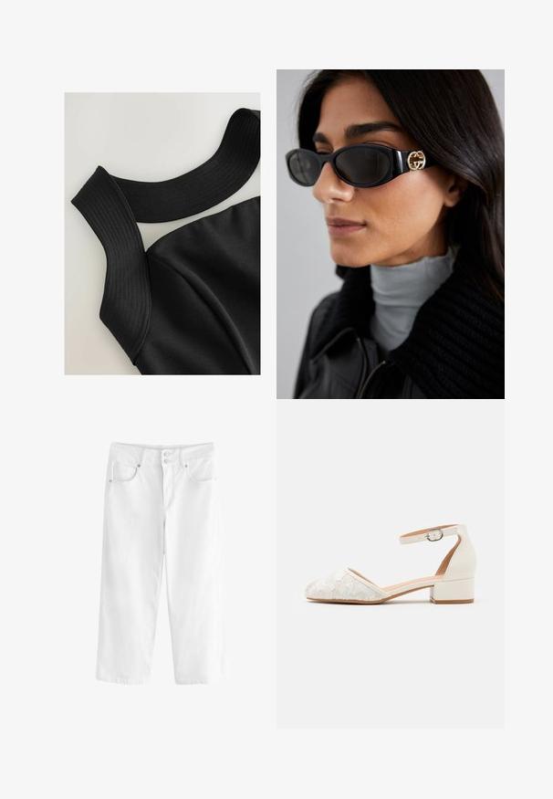 Top nero senza maniche con spalline larghe a coste e una texture del tessuto liscia, caratterizzato da cuciture contour per un design aderente.; Culotte in denim bianco con vestibilità rilassata, due tasche frontali e chiusura con bottone. Materiale texturizzato con cuciture a vista.; Scarpa bianca con cinturino alla caviglia in pizzo, con tacco basso e spesso e design a punta. Fodera interna liscia, parte superiore in pizzo texturizzato e dettaglio della fibbia.; Occhiali da sole neri con una montatura rettangolare elegante e un accento del logo dorato sul lato. Le lenti scure e la finitura lucida sono evidenti.