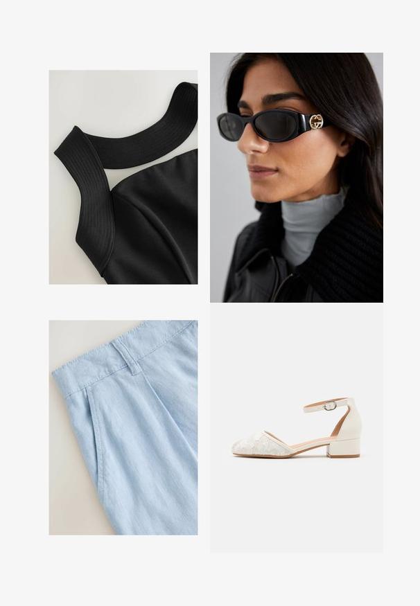 Schwarzes ärmelloses Oberteil mit breiten gerippten Trägern und glattem Stoffgefühl, das konturierte Nähte für eine figurbetonte Passform aufweist.; Helle blaue Leinenshorts mit einem gefalteten Design, ausgestattet mit einem Bund und Nähdetails. Sanfte Textur und lässiger Stil.; Weiße Spitzenanpassungsschuh mit niedrigem, klobigem Absatz und spitzem Zehendesign. Glattes Innenfutter, strukturierter Spitzenoberteil und Schnallendetail.; Schwarze Sonnenbrille mit einem schlanken rechteckigen Rahmen und einem goldenen Logo-Akzent an der Seite. Dunkle Gläser und glänzende Oberfläche sind auffällig.
