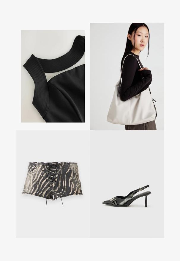 Melna bez piedurknēm augšdaļa ar platām ribotām sāpēm un gludu auduma tekstūru, ar kontūrām šuvēm, lai nodrošinātu pieguļošu dizainu.; Denima šorti ar melnu un bēšīgu zebras rakstu, ar šķērsām saitēm priekšpusē, saplēstu apakšmalu un kabatām abās pusēs.; Melnā patentēta ādas sandale ar norādītu purngalu, potītes siksniņām ar sudraba sprādzēm un aparatūru, kā arī smalku papēdi.; Bežs rokassoma, izgatavota no mīksta materiāla, ar brīvu dizainu, izšūtu apdari un divām plecu siksnām. Piemērota ikdienas lietošanai.