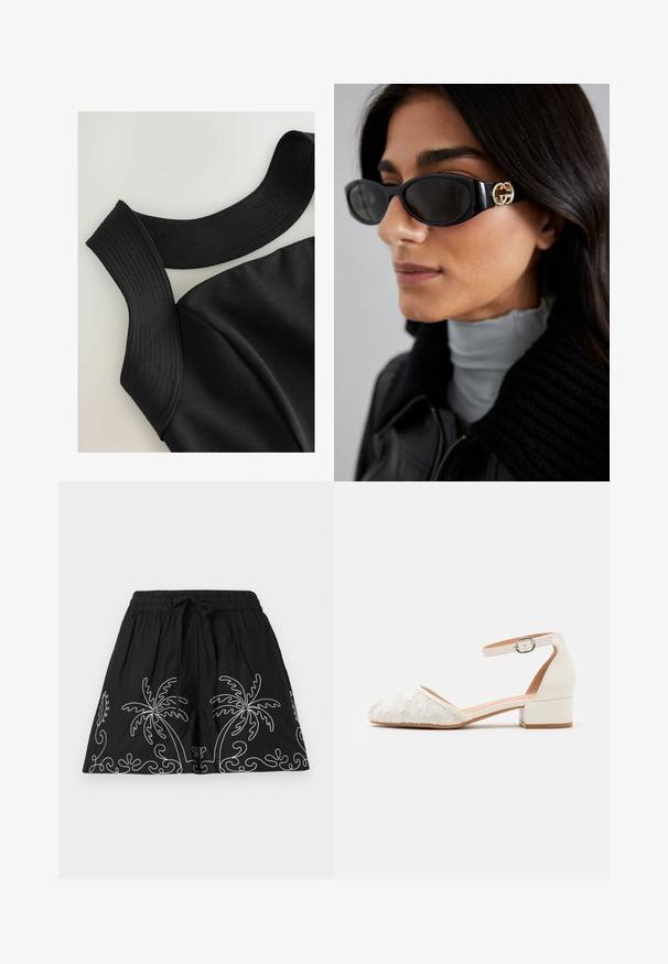 Svart ärmlös topp med breda ribbade axelband och en slät tygtextur, med formade sömmar för en figurnära design.; Svarta shorts med elastisk midja och dragsko. Har vit palmtree-broderi och virvlande mönster längs fållen. Mjukt tyg.; Vita spetsankelskors med en låg, kraftig klack och spetsig tådesign. Slät innersula, texturerad spetsovandel och spänndetalj.; Svarta solglasögon med en elegant rektangulär ram och en guldfärgad logotypaccent på sidan. Mörka linser och en blank yta är framträdande.
