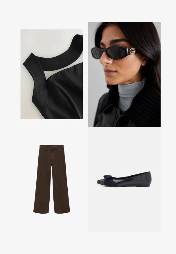 Schwarzes ärmelloses Oberteil mit breiten gerippten Trägern und glattem Stoffgefühl, das konturierte Nähte für eine figurbetonte Passform aufweist.; Braune weite Hose aus Baumwollstoff. Hat eine hohe Taille, einen Reißverschluss und feine Nahtdetails an der Vorderseite. Keine sichtbaren Taschen.; Marineblaue Ballettschuhe mit glänzendem Lackfinish und einem strukturierten Wildlederschleifen-Detail an der Zehe, ausgestattet mit einer abgerundeten Zehenpartie und flacher Sohle.; Schwarze Sonnenbrille mit einem schlanken rechteckigen Rahmen und einem goldenen Logo-Akzent an der Seite. Dunkle Gläser und glänzende Oberfläche sind auffällig.; Schwarze Schultertasche aus glattem Material, mit geschwungener Form, goldenem Reißverschluss und einem goldenen, geprägten Logo-Akzent auf der Vorderseite.