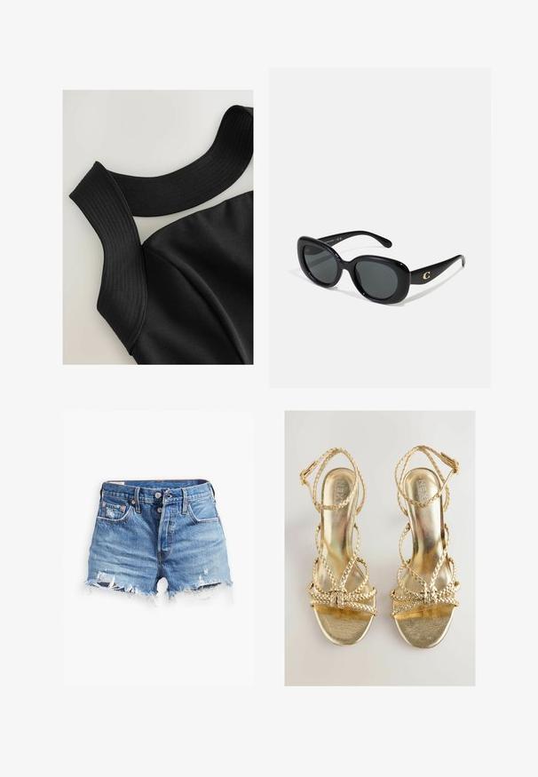 Top negro sin mangas con tirantes anchos acanalados y una textura de tela suave, que presenta costuras contorneadas para un diseño ajustado.; Pantalones cortos de mezclilla de color azul claro con dobladillos deshilachados, talle alto, cierre de botones y dos bolsillos frontales; los detalles desgastados añaden textura.; Sandalias de tacón alto doradas con tiras trenzadas y un acabado brillante. Presentan una zona de dedos plana y correas ajustables en el tobillo.; Gafas de sol negras con lentes redondeados, montura de plástico brillante y un acento de logo dorado en las patillas. Lentes oscuros que ofrecen protección UV.