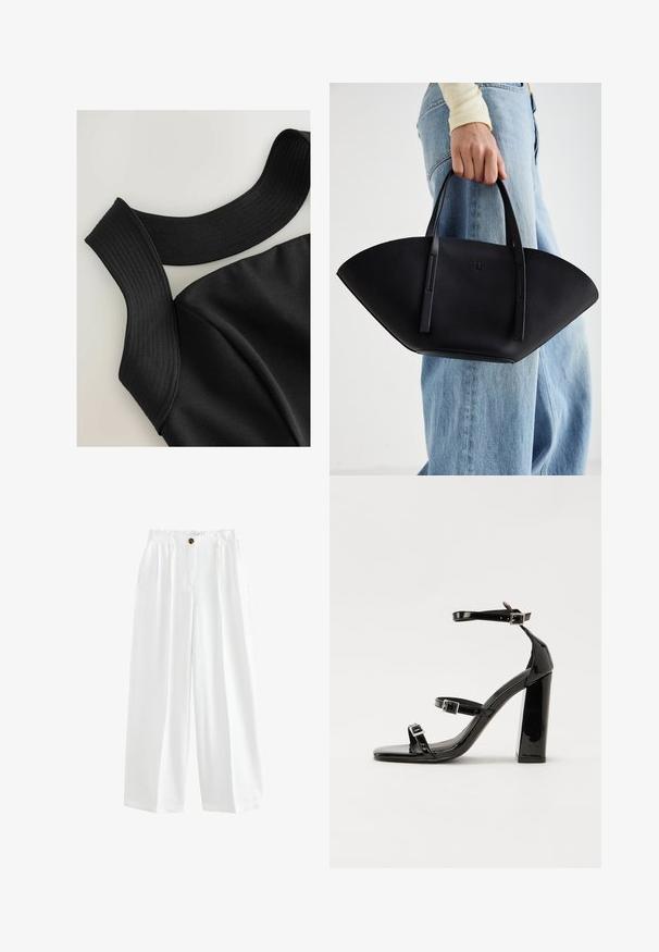 Zwarte mouwloze top met brede ribgebreide banden en een gladde stoftextuur, met afgewerkte naden voor een aansluitend ontwerp.; Witte wijde broek van lichtgewicht stof. Kenmerkt zich door een knoopsluiting, twee zijzakken en een comfortabele pasvorm.; Zwarte gepatenteerde sandalen met hak en een vierkante neus, enkelbandjes en zilveren gespen. Heeft een stevige blokhak voor stabiliteit.; Zwarte leren handtas met een unieke waaier vorm, voorzien van platte handvatten. Het oppervlak heeft een gewelfde textuur en een minimalistisch ontwerp.