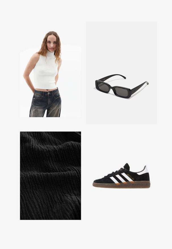 Valkoinen hihaton ribbipusero, jossa on korkeakaula-aukko, yhdistettynä sinisiin korkeavyötäröisiin farkkuihin, joissa on etutaskut ja lievää haalistumista.; Musta teksturoitu kangas, jossa on ryppyinen pinta, joka sisältää voimakkaita viivoja ja syvyyseroja, mikä osoittaa pehmeää materiaalia.; Mustat Adidas-nikeset, joissa on valkoiset raidat, kultaiset "Spezial"-tekstiset, kumipohja ja valkoinen kantapää, esitetty sivuprofiilissa.; Mustat suorakaiteen muotoiset aurinkolasit, joissa tummat linssit, kiiltävä pinta, leveät sangan varret ja massiivinen kehysmuotoilu. Yhden sangansivun kaiverrettu brändinimi.