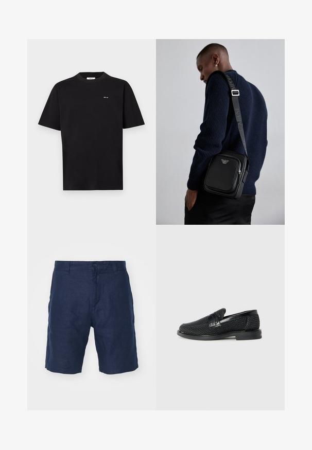Melna īsām piedurknēm tee krekls ar mazu baltu "NN. 07" logotipu uz kreisā krūšu, attēlots uz balta fona.; Jūras spēku zilas linas šorti ar pogu aizdari, taisna griezuma dizains, gluda tekstūra un minimālisma stils.; Melnas austas slaidu kurpes ar gludu ādas akcentu augšpusē, apaļas formas purngalu un zemas profila gumijas zoli.; Melnas ādas plecu soma ar rāvējslēdzēja nodalījumu, logotipa detaļām un markētu regulējamu siksnu. Valkāta kopā ar teksturētu tumši zilu džemperi.