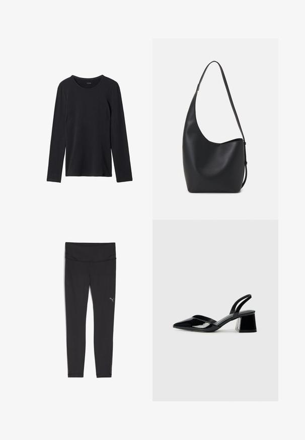 Schwarzfarbenes Langarm-T-Shirt aus weichem Stoff, mit rundem Ausschnitt, schlichtem Design und ohne sichtbare Muster oder Verzierungen.; Schwarze Sportleggings mit hohem Bund, hergestellt aus einem glatten, elastischen Stoff. Enthält ein kleines reflektierendes Logo an der linken Hüfte.; Schwarze Lackleder-Slingback-High Heels mit spitzem Schuh und einem geometrischen Blockabsatz. Verfügt über ein schlankes, minimalistisches Design und eine glatte Textur.; Schwarze Leder-Hobo-Tasche mit einer glatten Textur, geschwungener Form und einem einzelnen verstellbaren Tragegurt; verfügt über eine weite Öffnung am oberen Ende.