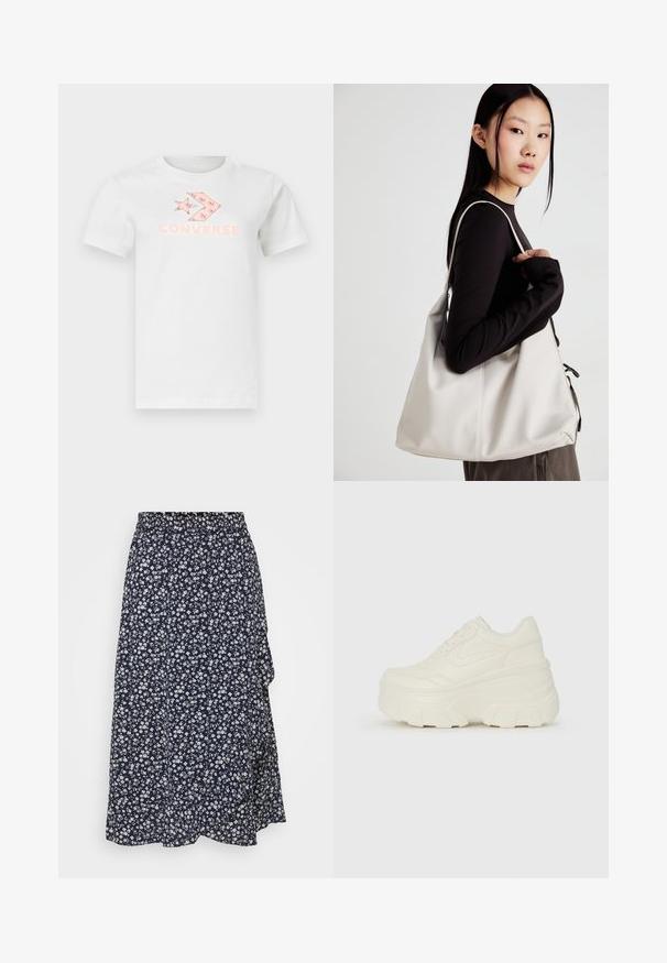Biela bavlnená tričko s ružovým potlačeným logom a grafickým dizajnom na prednej strane. Krátke rukávy a klasický okrúhly výstrih.; Námornícky kvetinová sukňa s nahrabaným elastickým pásom, ktorá má biely kvetinový vzor, ľahkú tkaninu a splývavý strih.; Biele platformové tenisky s hladkým koženkovým svrchným materiálom, zaobleným tvarom, polstrovaným golierom a textúrovanou gumovou podrážkou s výrazným vzorom.; Béžová kabelka vyrobená z mäkkého materiálu, s uvoľneným dizajnom, prišitými detailmi a dvoma popruhmi na nosenie na pleciach. Vhodná na každodenné nosenie.