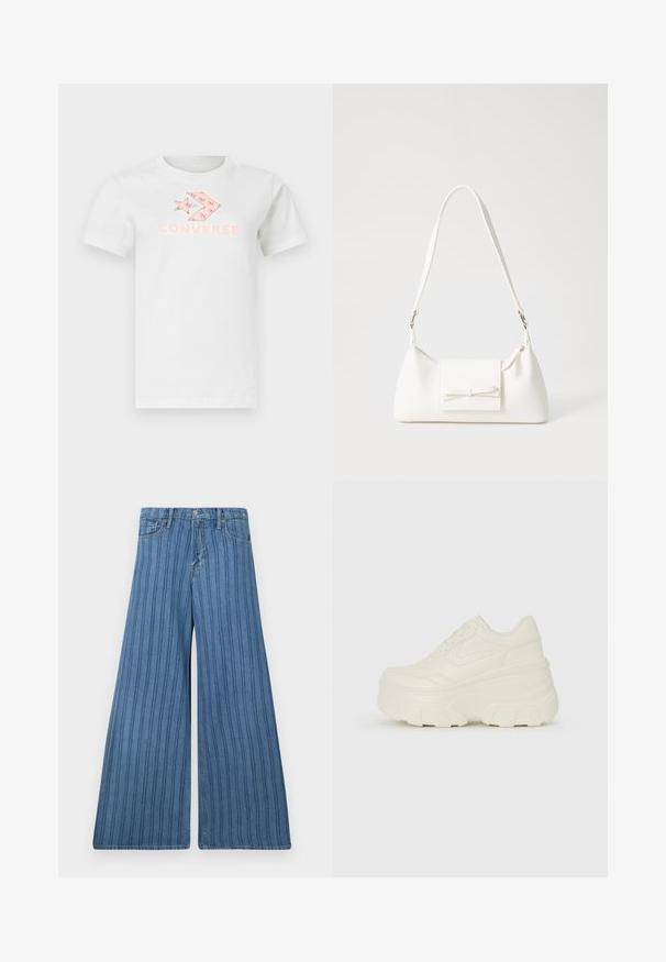White cotton t-shirt featuring a pink printed logo and graphic design on the front. Short sleeves and a classic crew neckline.; Wide-leg jeans in medium blue denim with vertical stripes, featuring a button closure, five pockets, and stitched detailing along the seams.; White platform sneakers featuring a smooth leather-like upper, rounded shape, padded collar, and textured rubber sole with defined treads.; White synthetic handbag with a triangular shape, flat front flap and bow detail, adjustable strap, smooth texture, and minimalistic design.