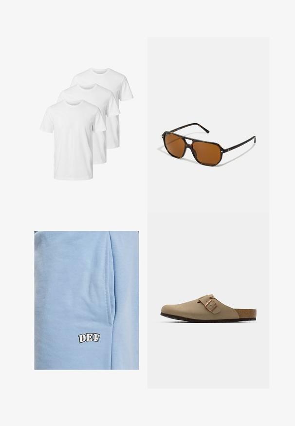 Des t-shirts en coton blanc au design à col rond, avec des manches courtes et une coupe standard. Trois t-shirts sont disposés en rangée.; DEF Short - blue; Sabots beiges avec un bout arrondi, accent en boucle ajustable et semelle en liège. Surface texturée avec une semelle en caoutchouc noir pour une meilleure adhérence.; Lunettes de soleil écaille de tortue avec des verres marron, de forme rectangulaire, et des accents en métal sur la monture. Design élégant avec des branches fines.