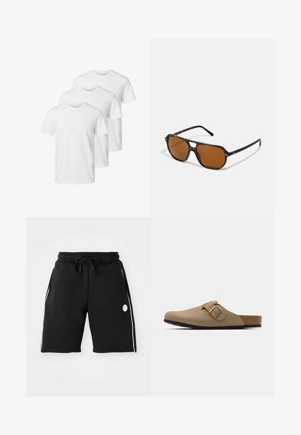 Bílé bavlněné trička ve stylu s kulatým výstřihem, se krátkými rukávy a standardní velikostí. Tři trička jsou uspořádána v řadě.; Černé sportovní šortky se elastickým pasem a nastavitelnou šnůrkou. Mají bílé boční pruhy a kulatý logový akcent.; Bežové dřeváky s kulatou špičkou, nastavitelným sponovým detailem a korkovou stélkou. Texturovaný povrch s černou gumovou podrážkou pro lepší přilnavost.; Brýle z želvovité skořápky s hnědými skly, obdélníkový tvar a kovové akcenty na rámu. Elegantní design s tenkými stranami.